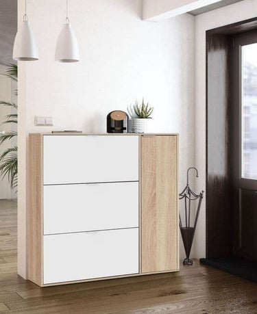Marcos Oak Effect and White Shoe Cabinet with 3 Revolving Doors & Cupboard - UK Luxury Furniture